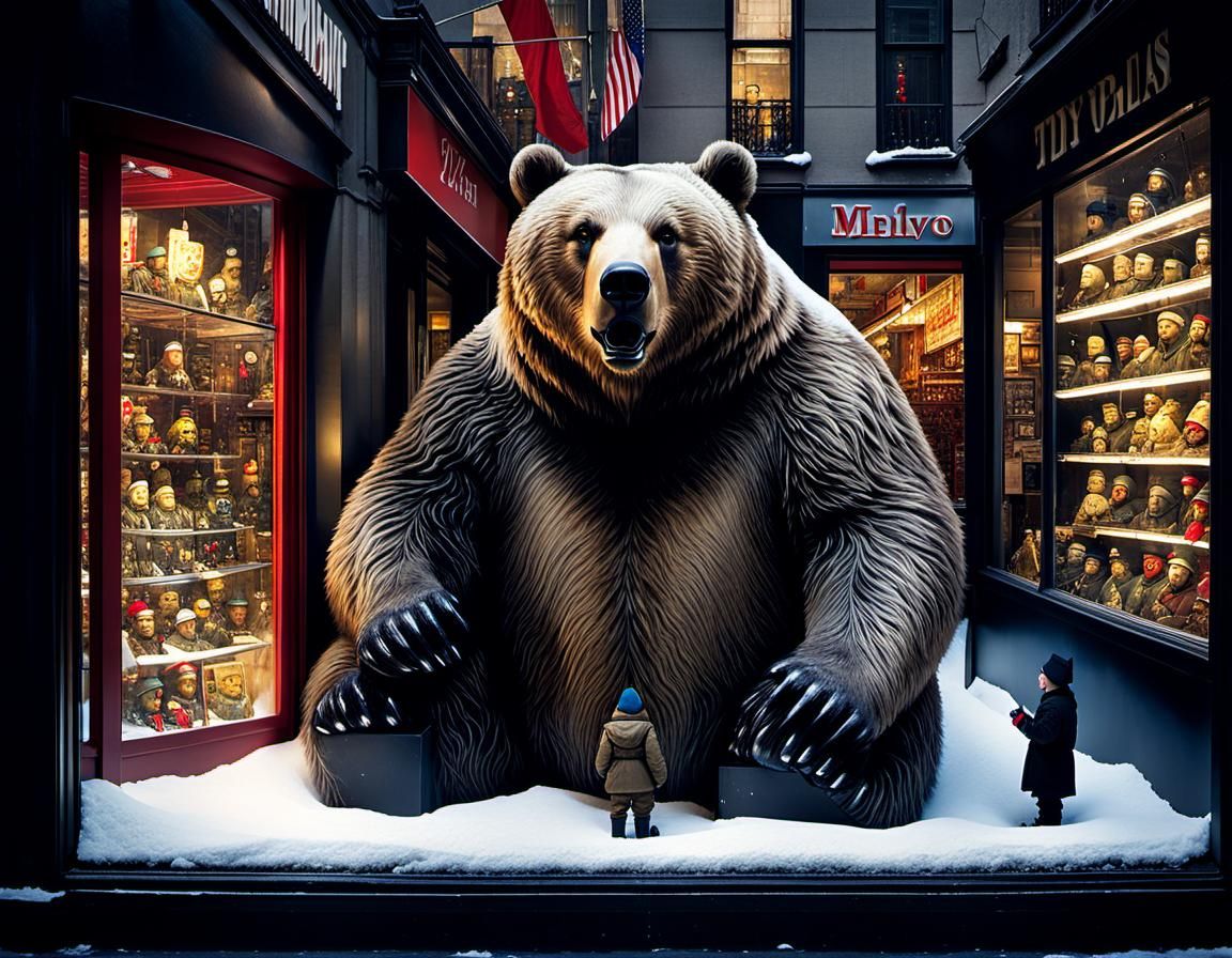 Bear Soldier in Toy Store Window: Hyperrealistic Digital Art