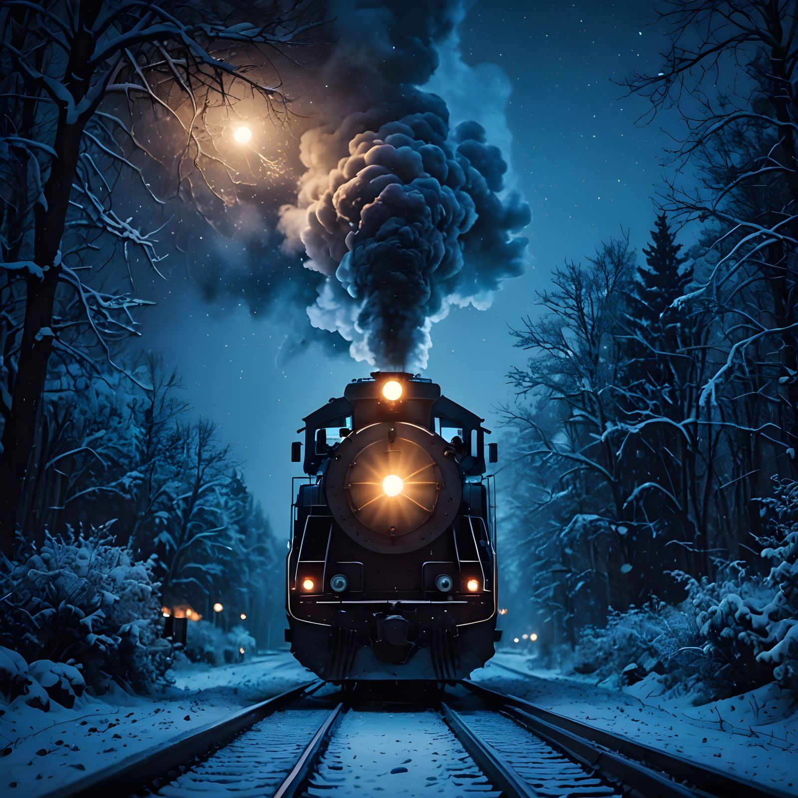 Majestic Train Rides Snowy Track under Full Moon and Starlit...
