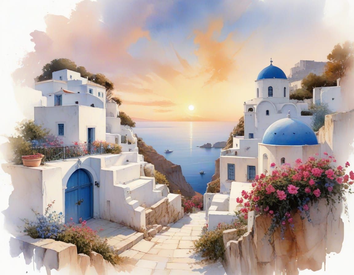 Whitewashed Houses with Blue Domes Overlooking Aegean Sea