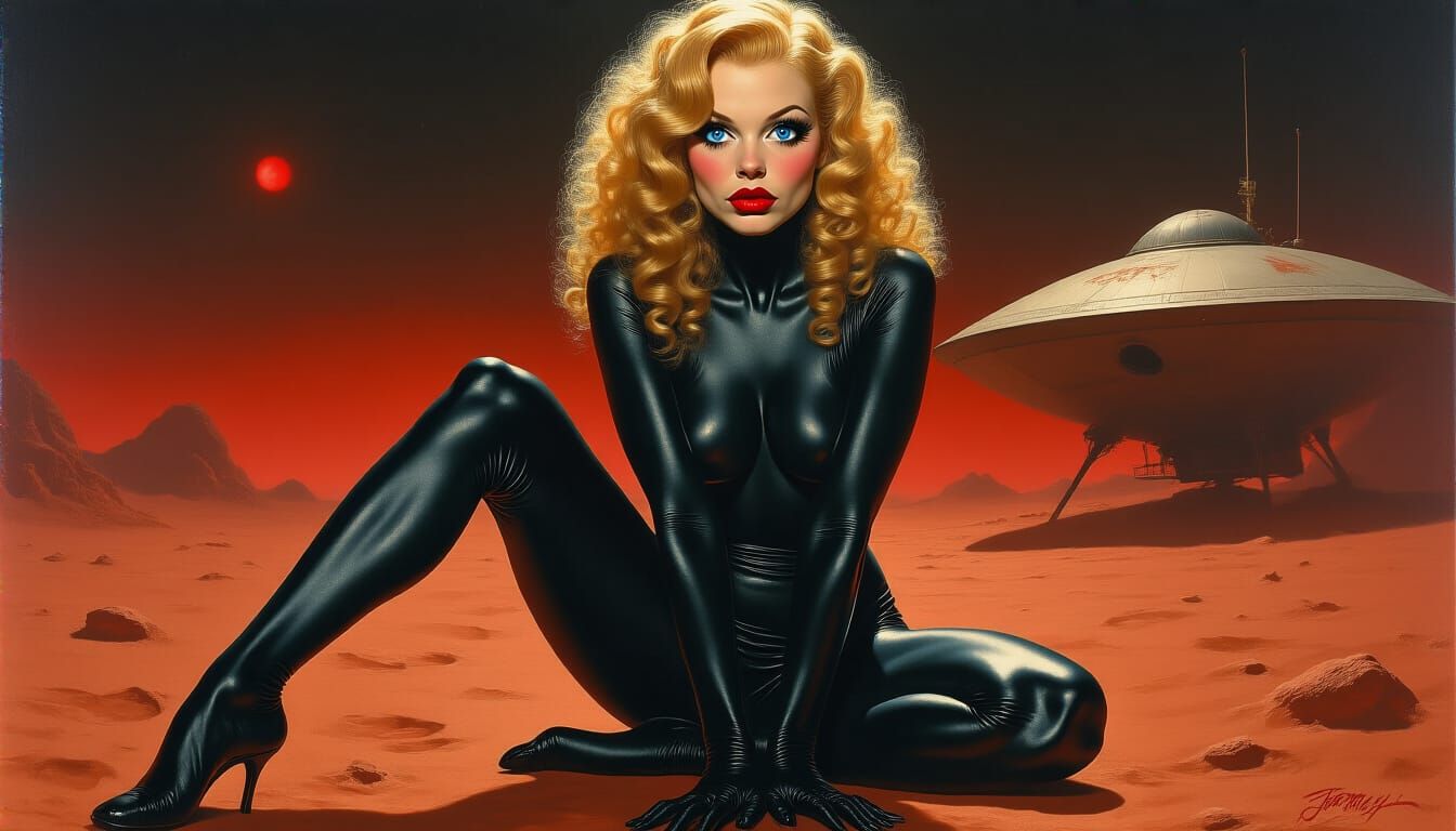 Woman Posing in Red Light on Martian Planet