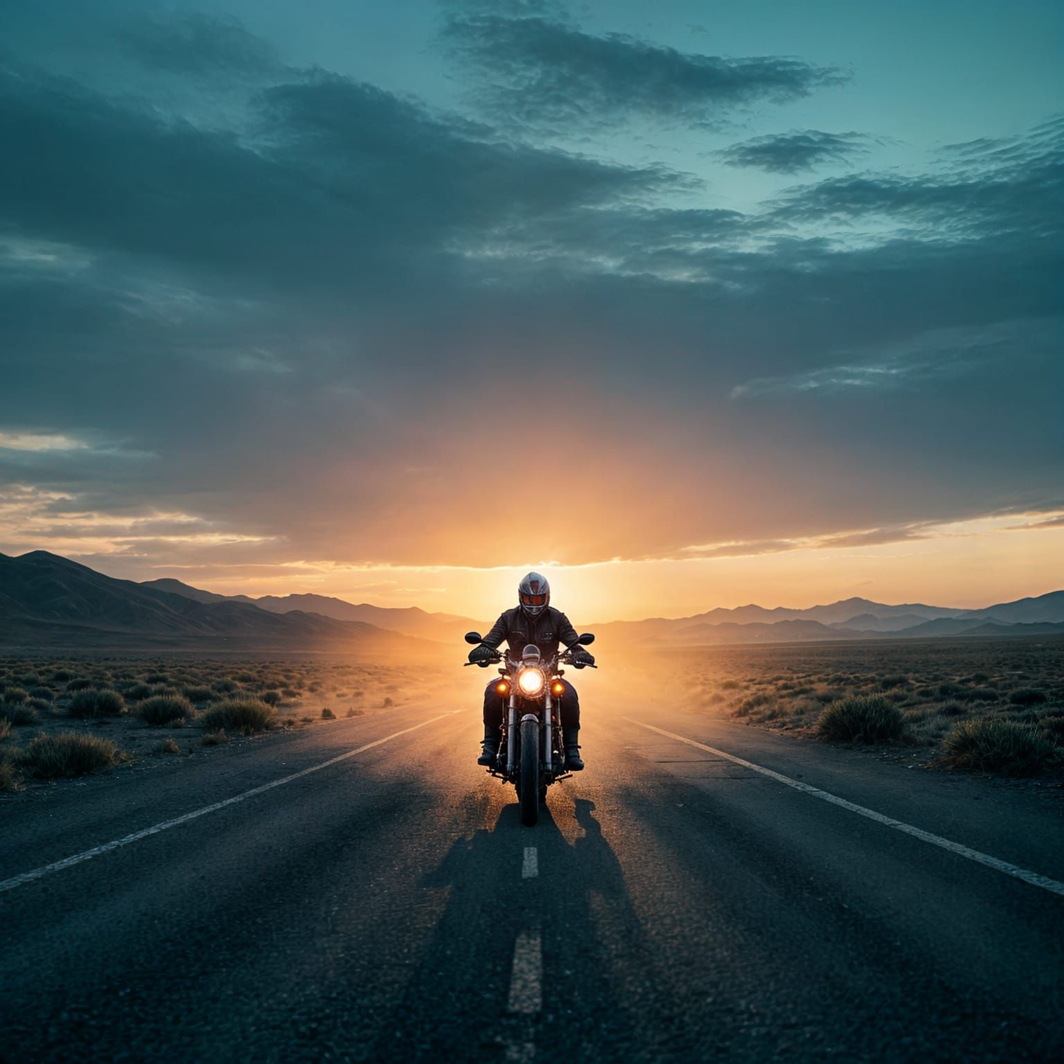 Lone Rider on Dusty Highway Under Twilight Sky
