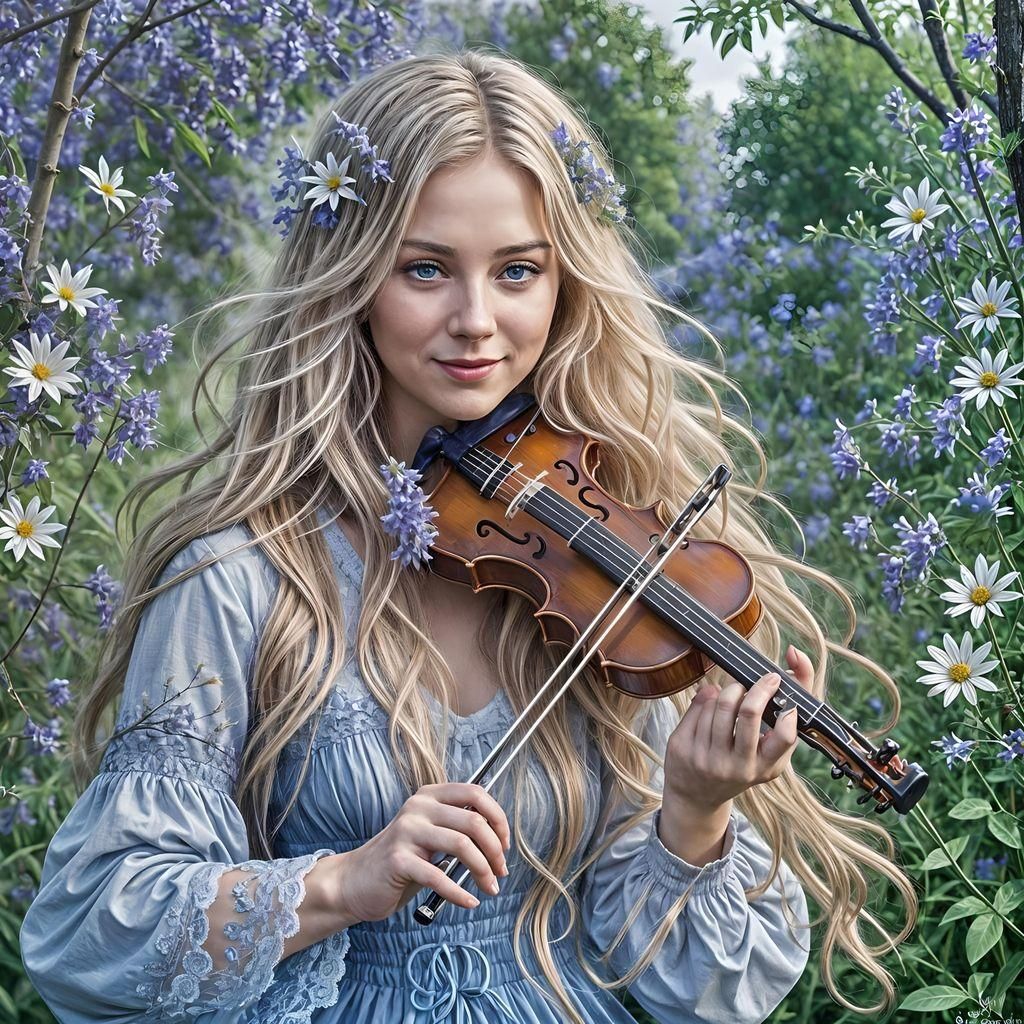 Woman Plays Violin in Edelweiss Garden