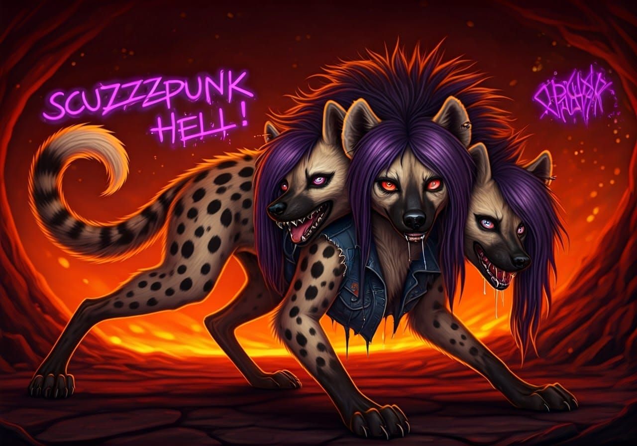 Cyberpunk She-Hyena Reigns in Hellish Landscape