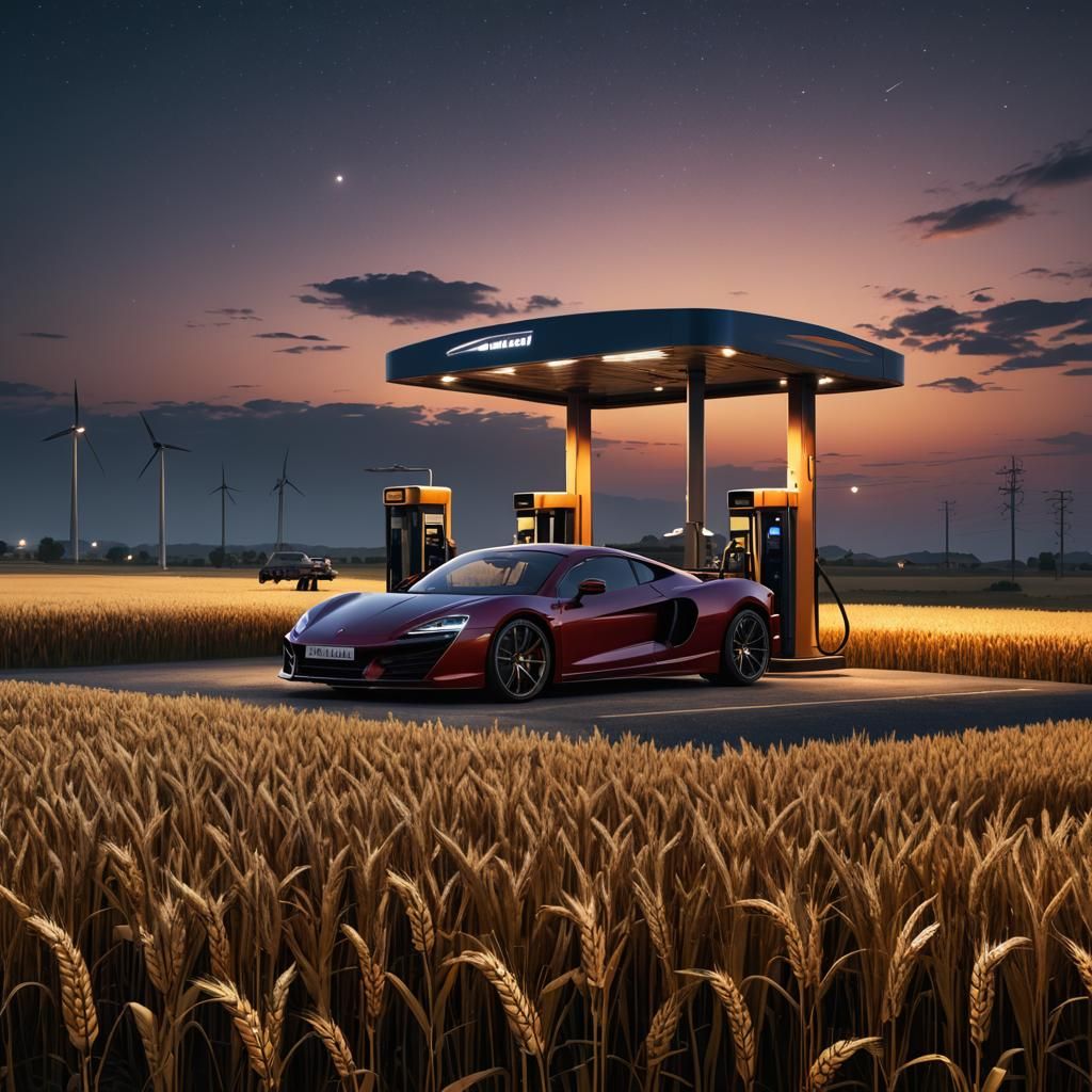 Supercar at Rural Petrol Pump: Detailed Matte Painting