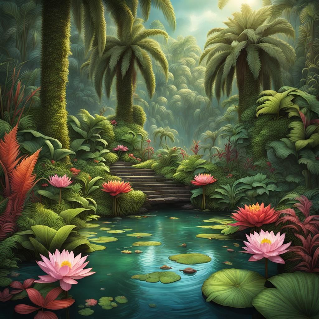 Tropical Lotus Pond in a Lush Garden