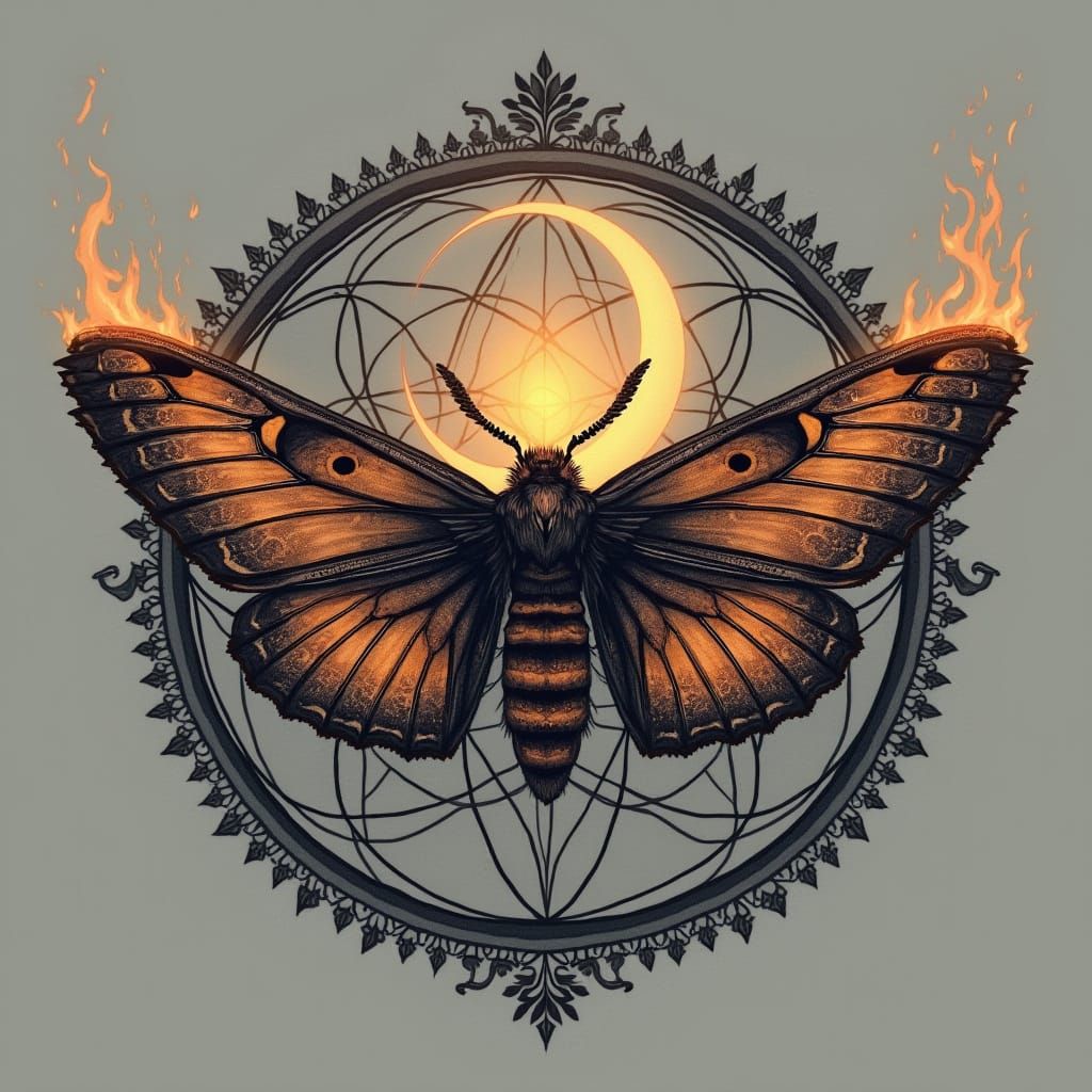 Mystical Moth with Burning Wings in Sacred Geometry Style