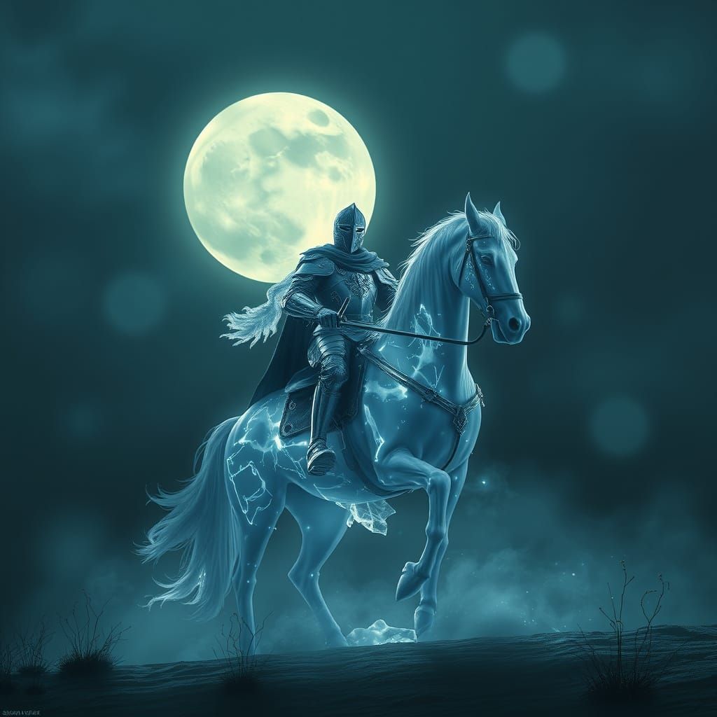 Spectral Knight on Ghostly Steed in Ethereal Moonlight