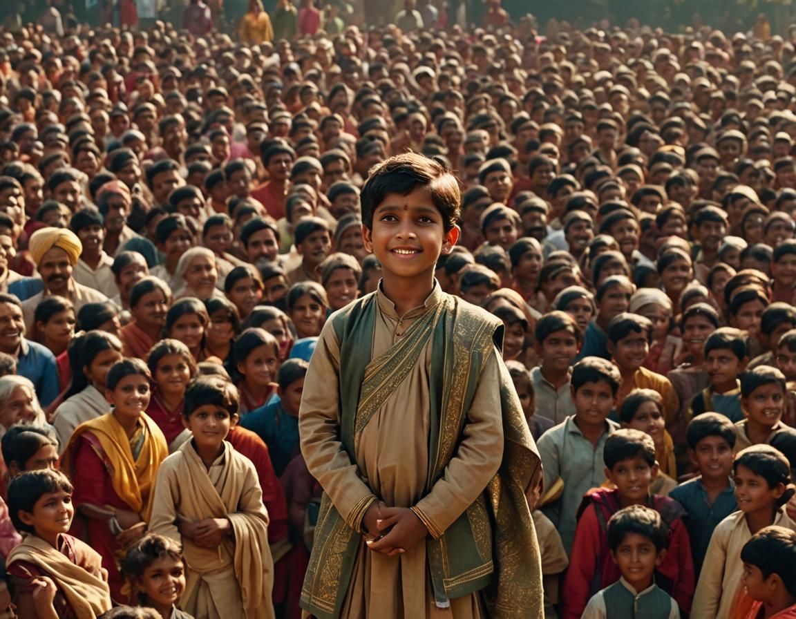 A Indian child standing confidently before a large audience,...