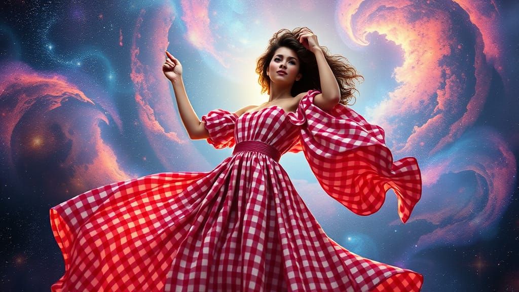 Woman Triumphs in Vibrant Gingham Cosmos Universe
