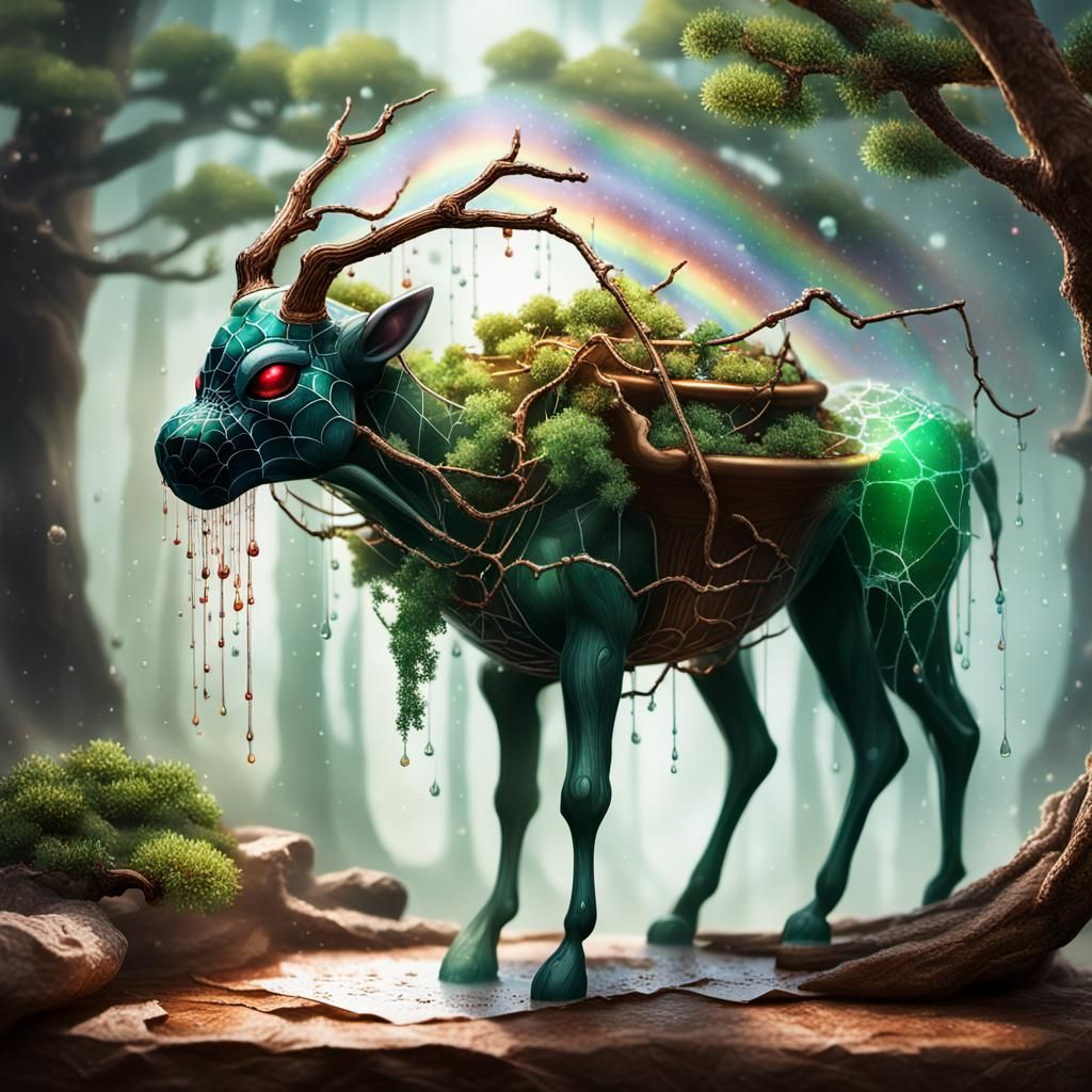 Hyperrealistic Jade Spiderweb on Bonsai Tree in Paper Pot