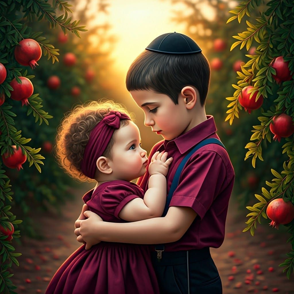 Children in Pomegranate Grove: Hyper-Realistic Concept Art