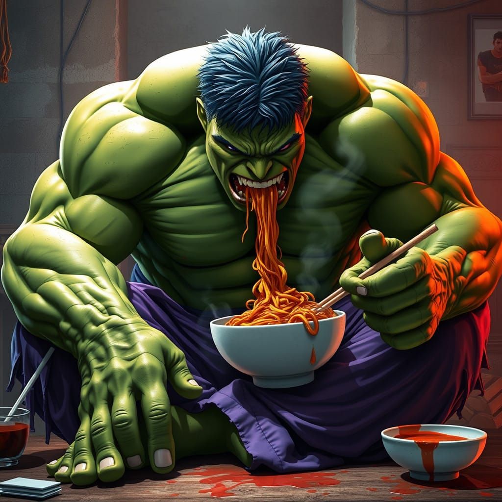 Green Giant Devours Noodles in a Splattered Eating Area