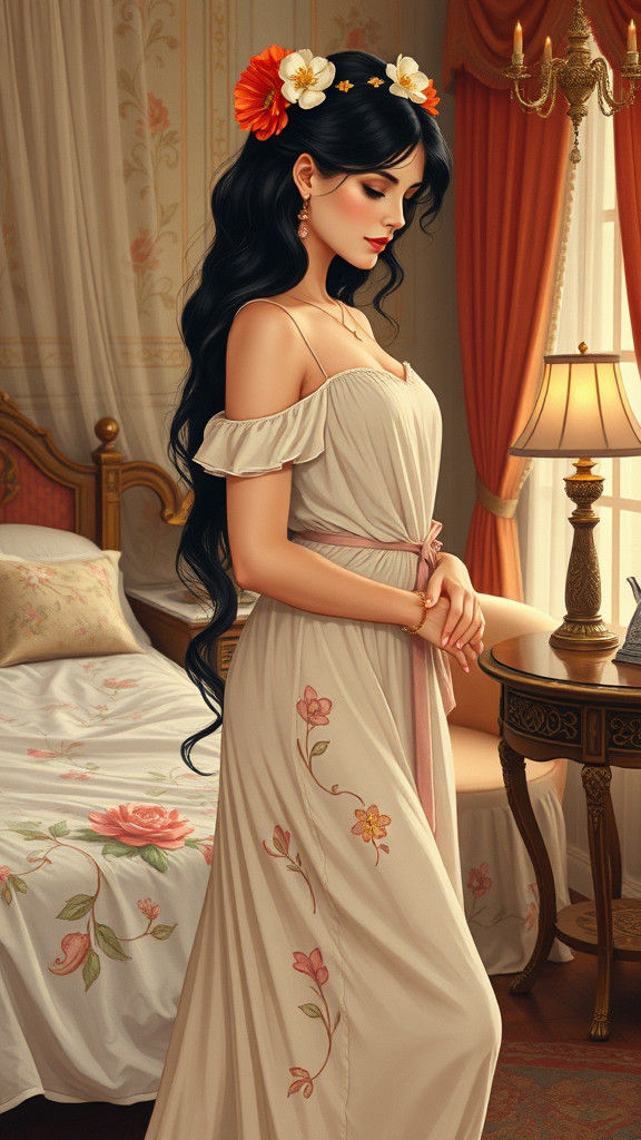 Woman in Floral Crown in Art Nouveau Style