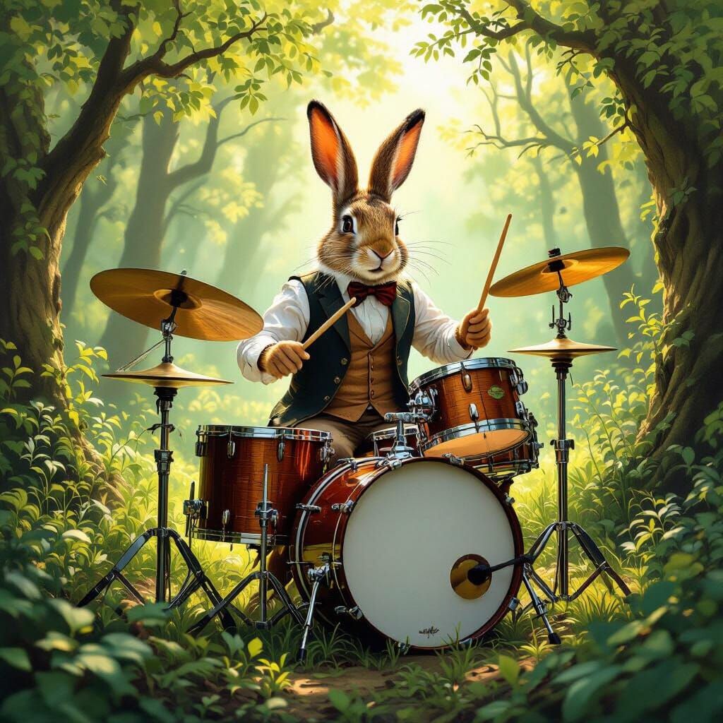 Hare Drummer in Forest Clearing Matte Painting