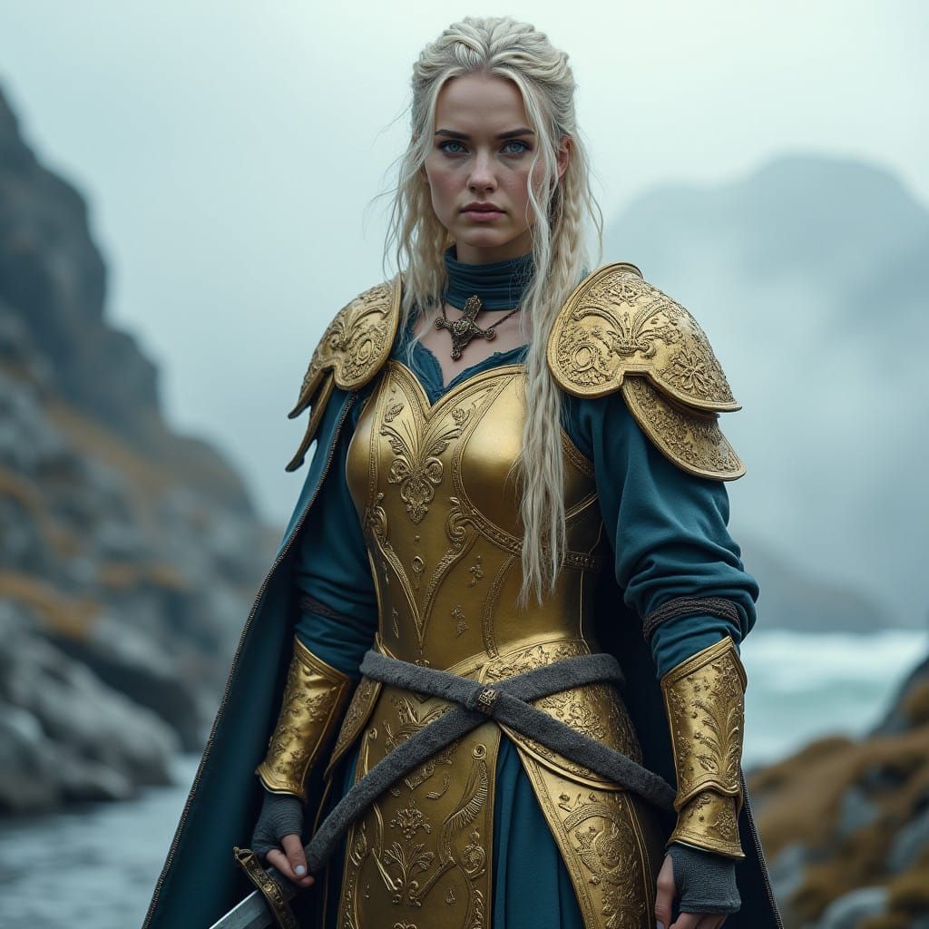Viking Queen in Golden Armor, Standing Proud in a Misty Nord...