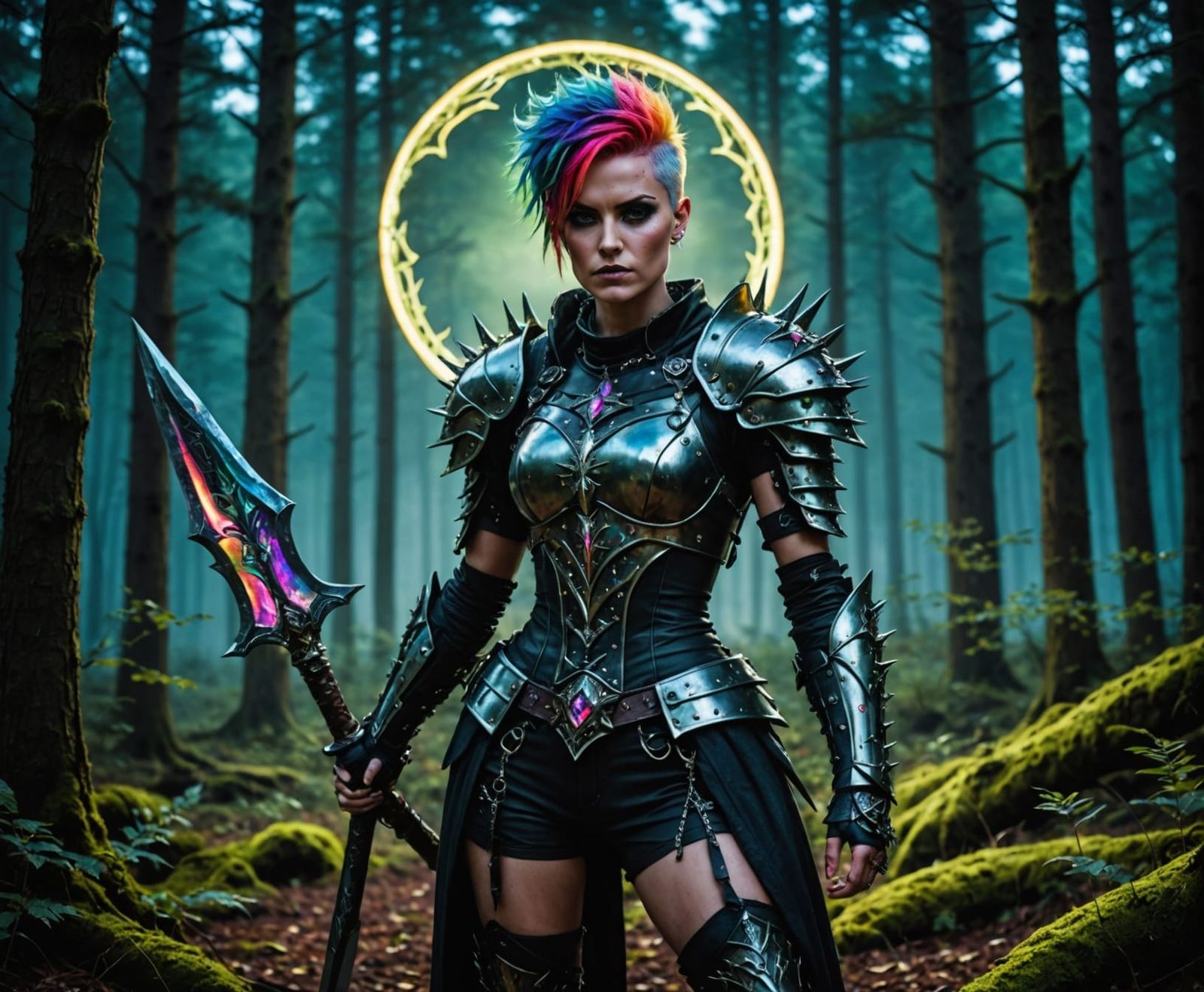 Gothic Female Warrior with Stallions in Forest Clearing