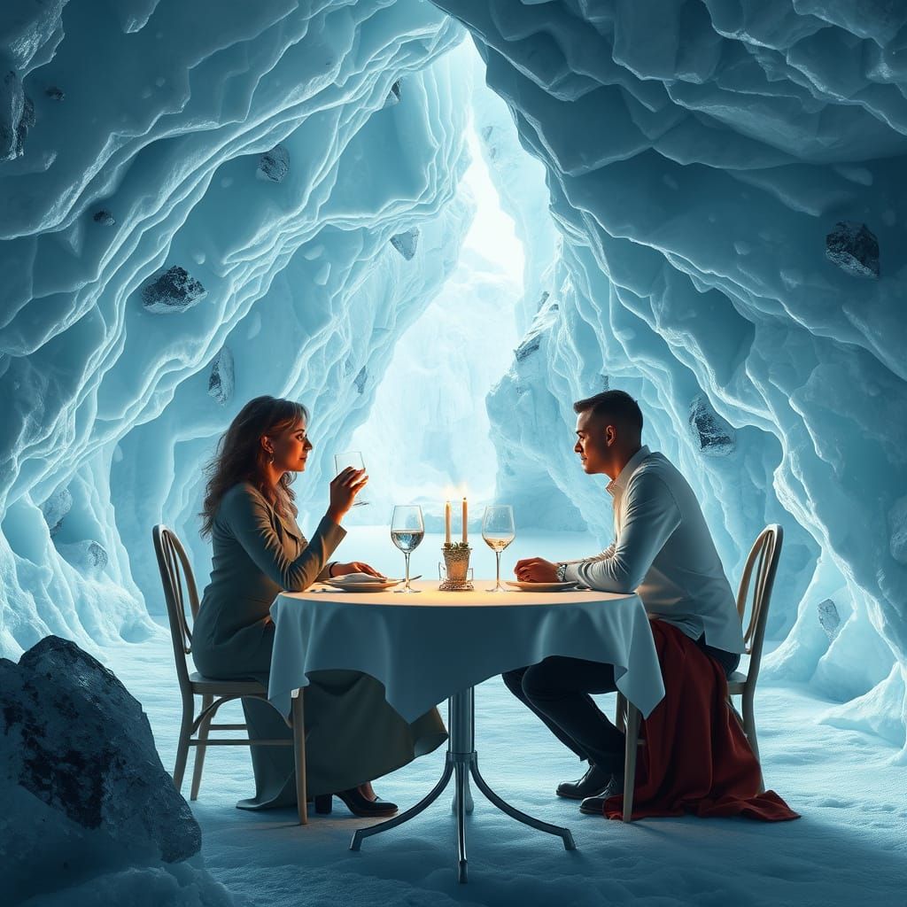 Antarctic Ice Cave Dinner for Two: 3D Render