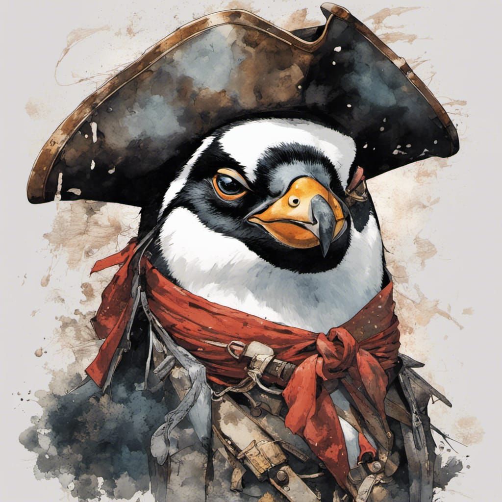 Penguin Pirate on the Quayside, Ink Splatter Art