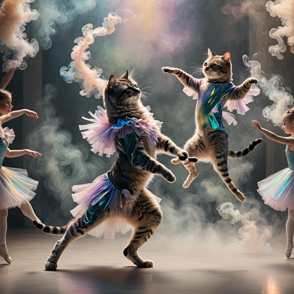 Cats Dancing Ballet Made of Iridescent Smoke