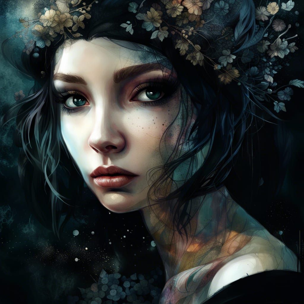 Moody Girl in Black: Hyper-Detailed Floral Digital Painting