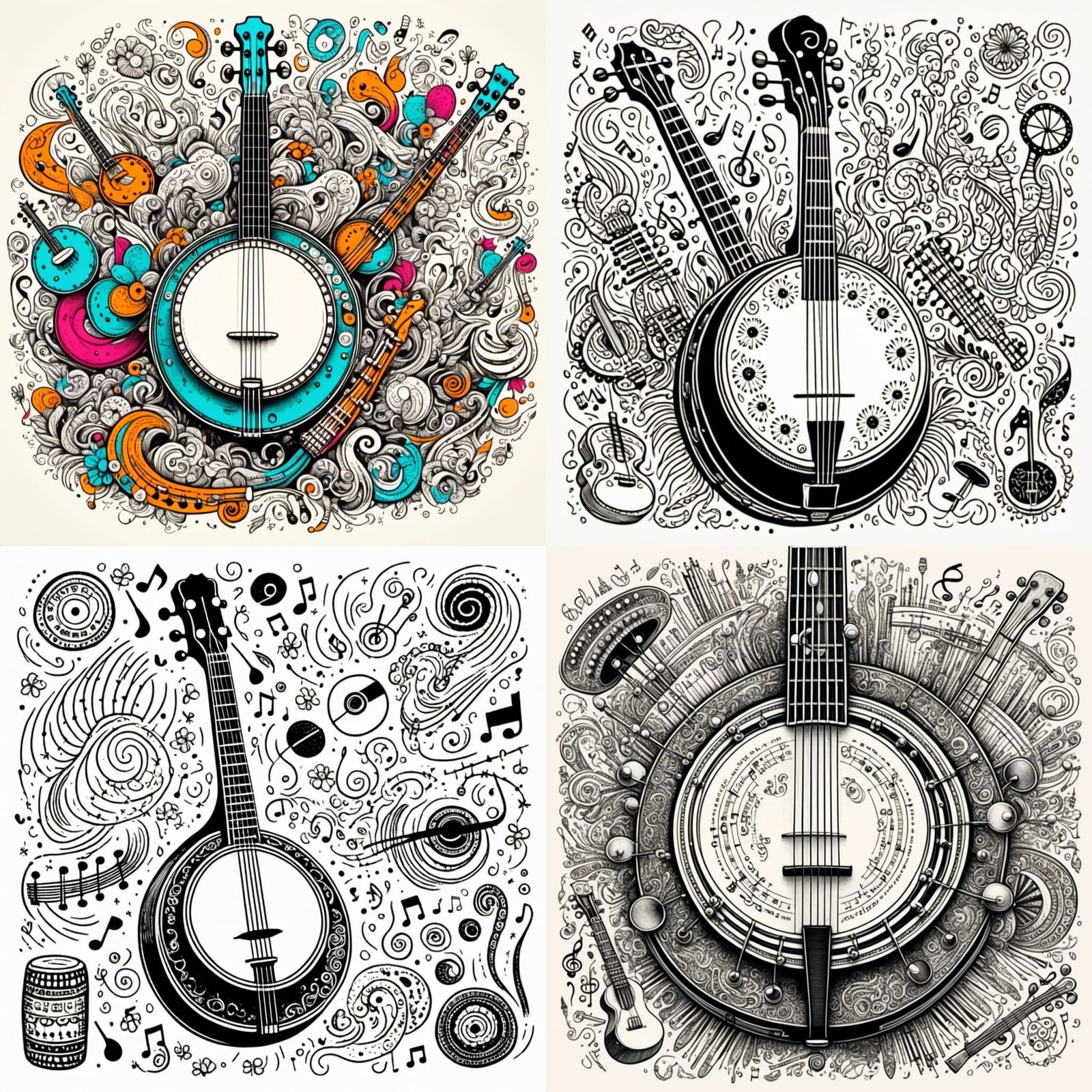 Banjo Surrounded by Doodles in Bright Selective Color