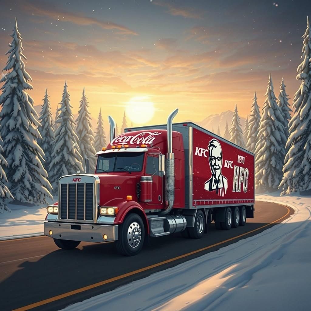 Festive Christmas Truck Advertisement in Winter Snowscape