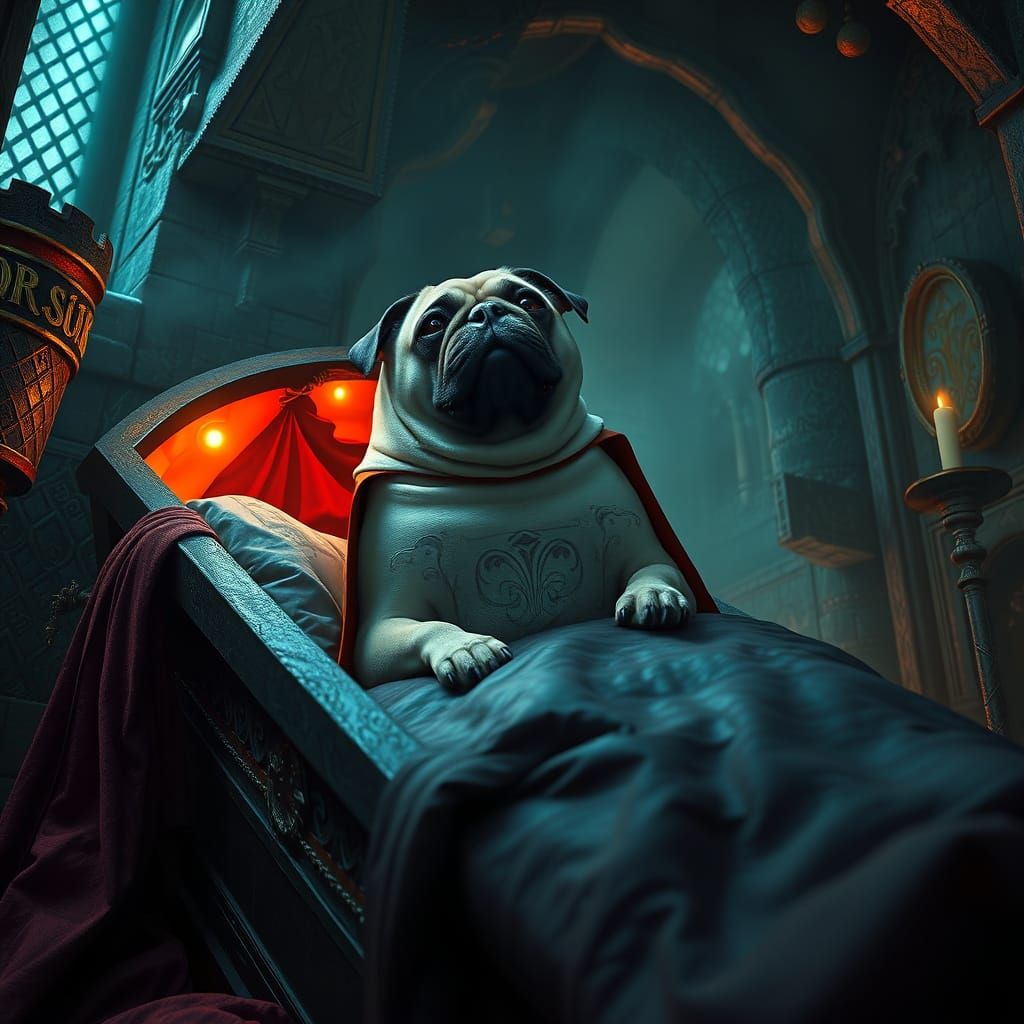 Pug Vampire Rising from Coffin Bed