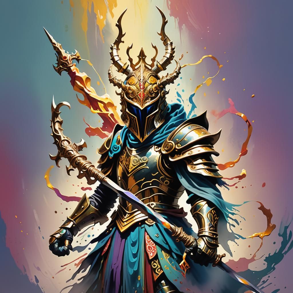 Armored Figure with Staff in Splash Art Style