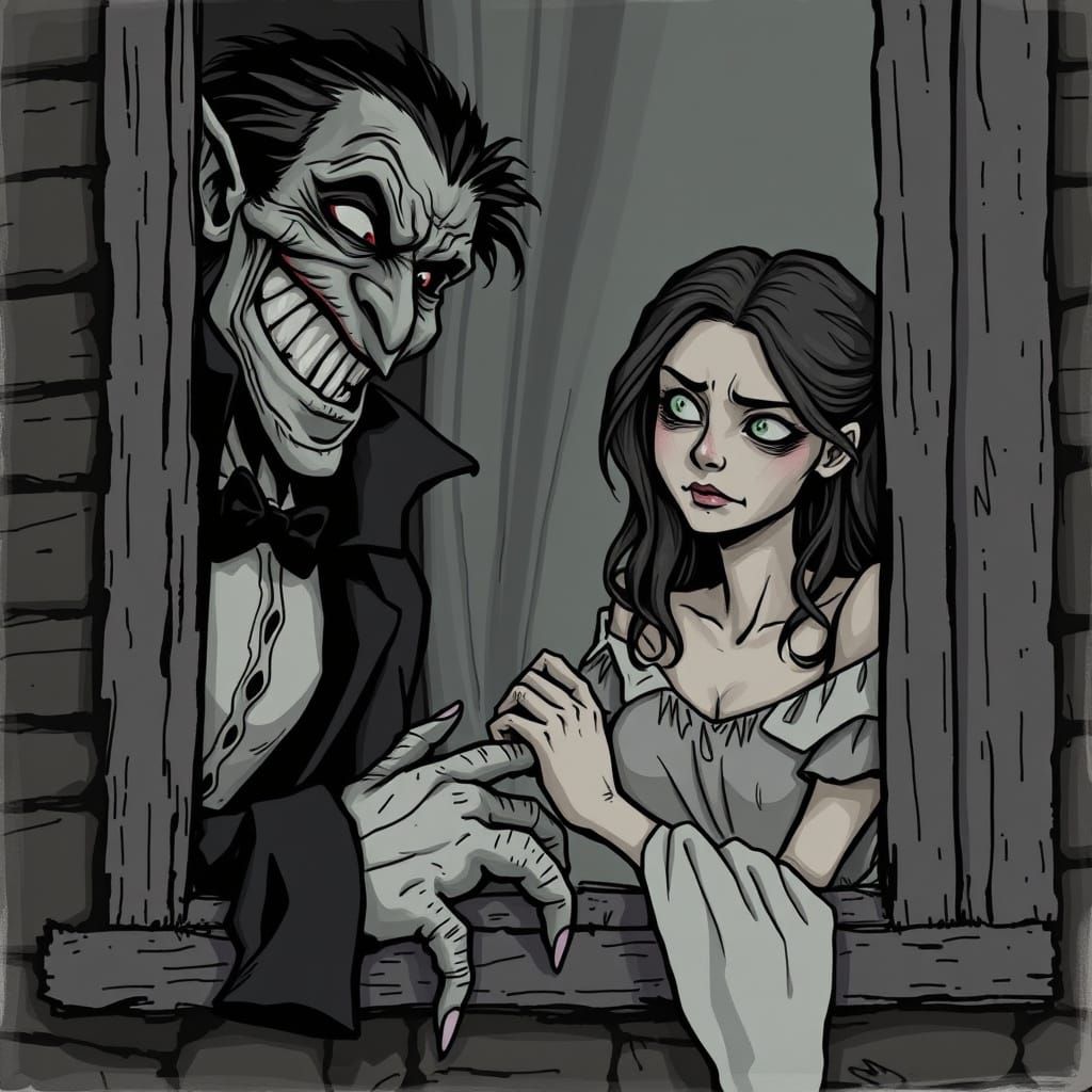 Vampire's Midnight Visit in Whimsical Illustration Style