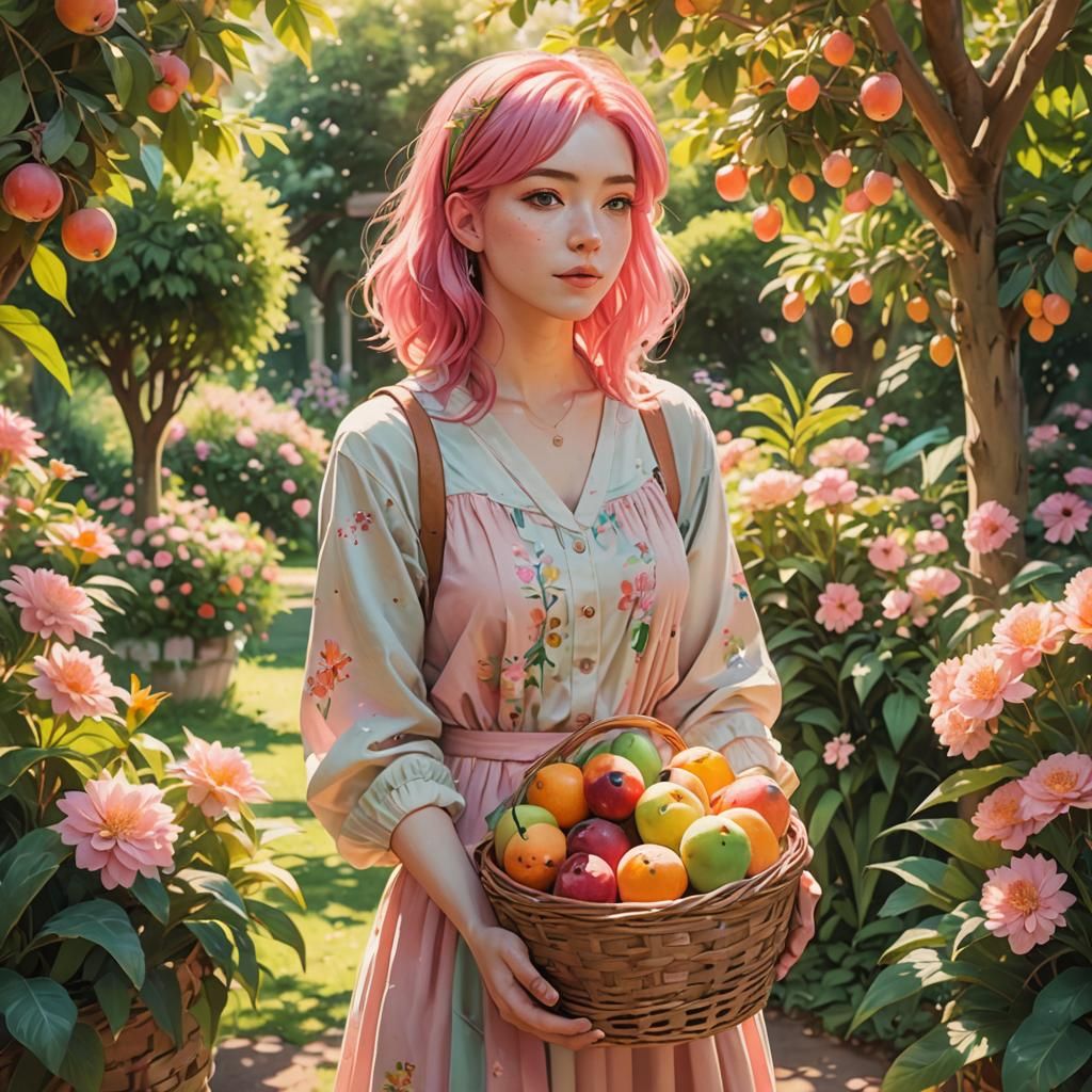 Anime Girl with Fruit Basket in Pastel Garden