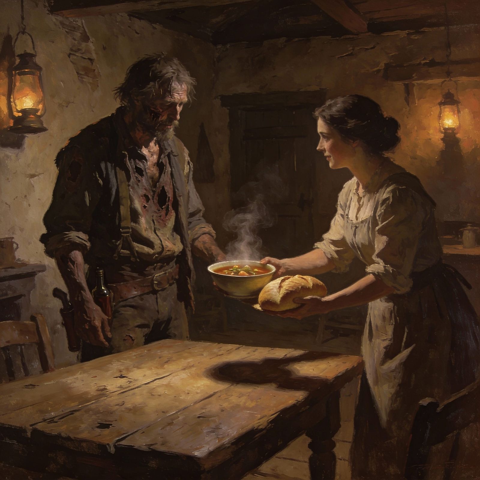 Moody Old West Scene: Man in Decay, Pleasant Woman Offers St...