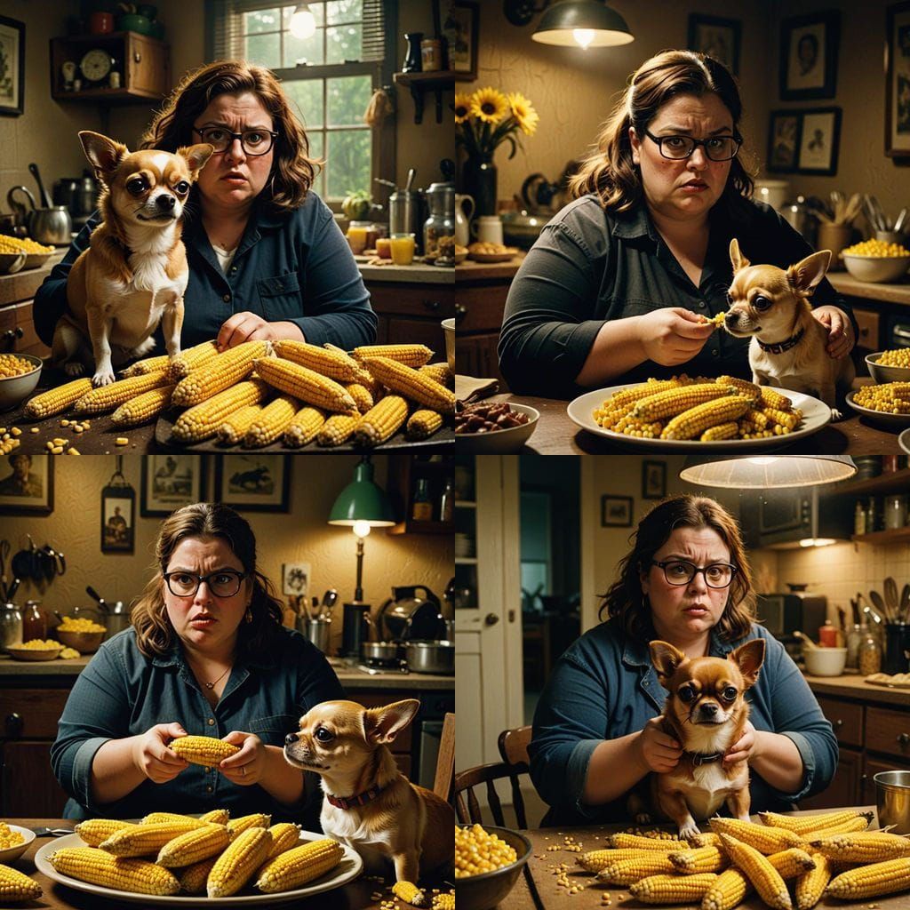 Fat Woman Shucks Corn for Dinner in Cinematic Still Life