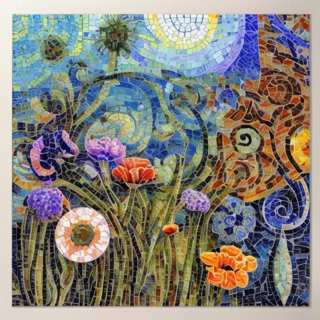 Colorful Mosaic Flower Garden in Antoni Gaudi Style