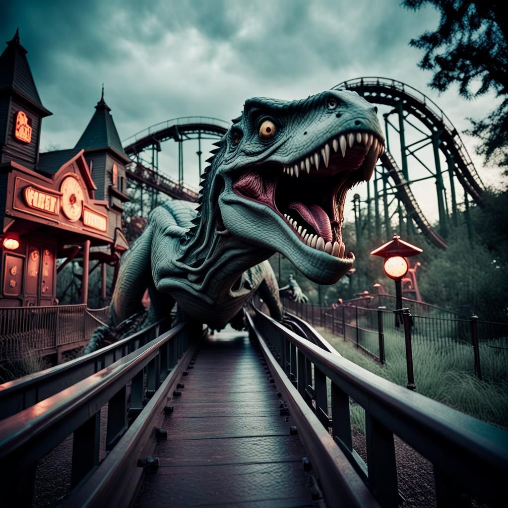 Horror-Themed Park with Haunted Attractions in Cinematic Sty...