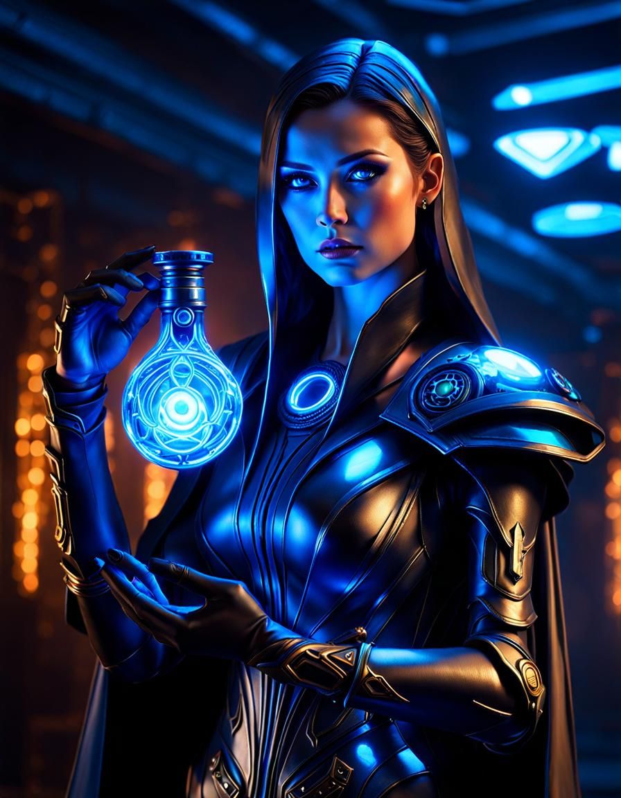 Cybernetic Mage with Glowing Flask and Biomechanical Augment...