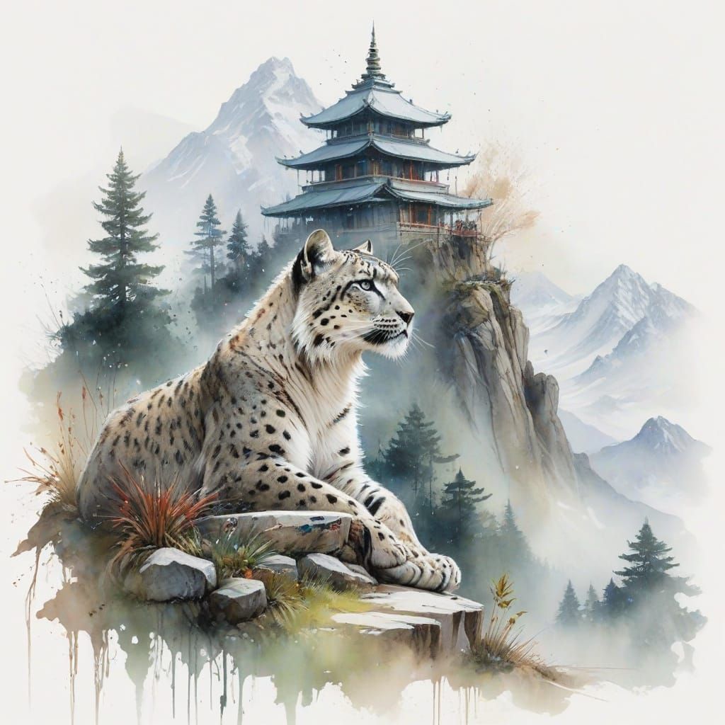 Snow Leopard at Himalayan Temple Amidst Misty Landscape
