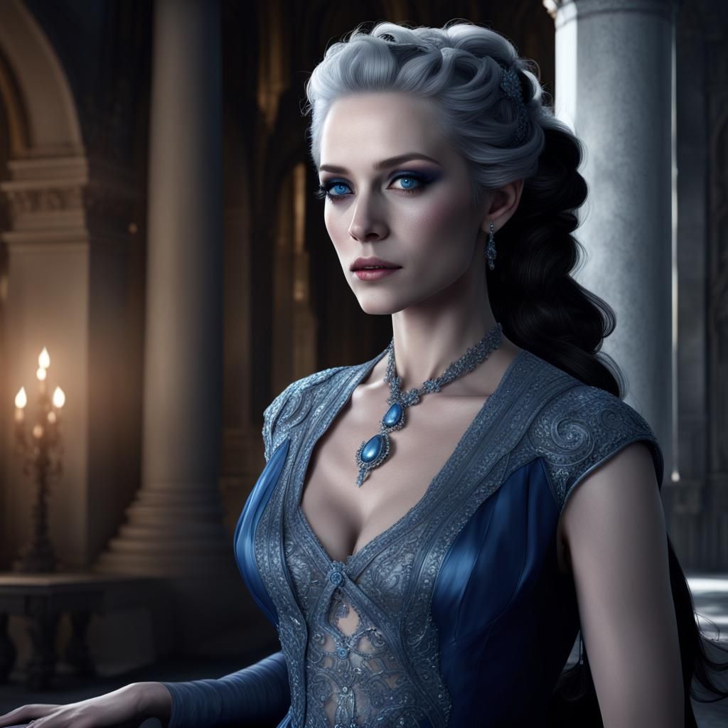 Elegant Woman in Blue Gown at Silver Castle