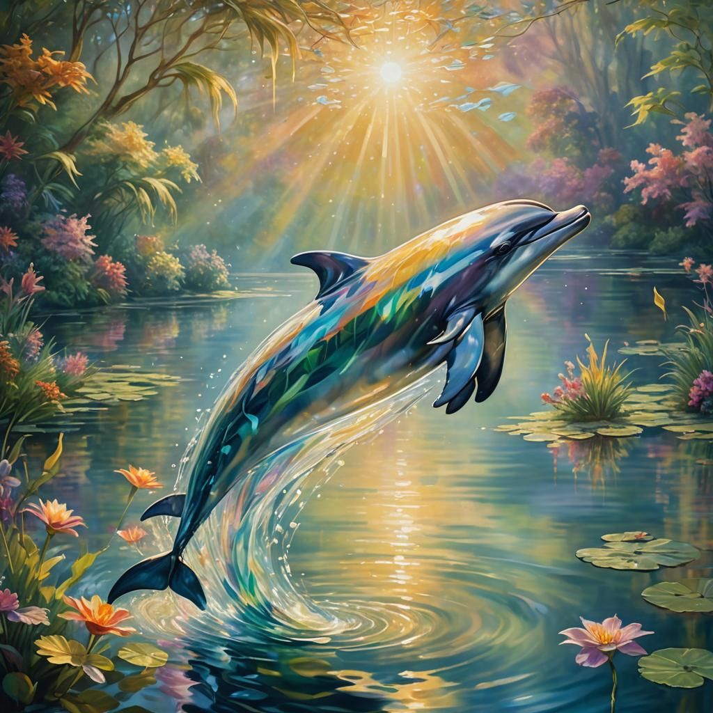 Glass Dolphin Leaping Over Lake in Surreal Style