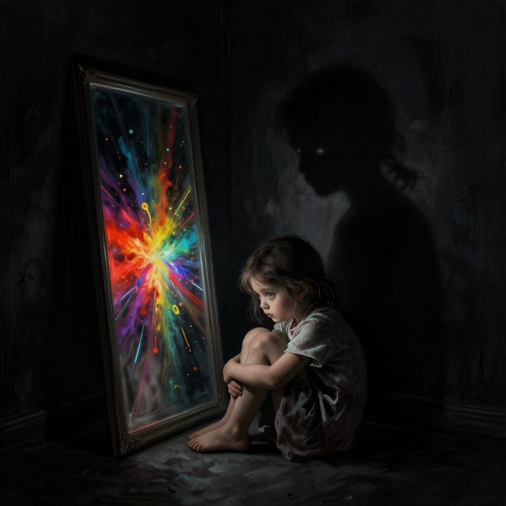Girl in Dark Corner Sees Colorful Reflection