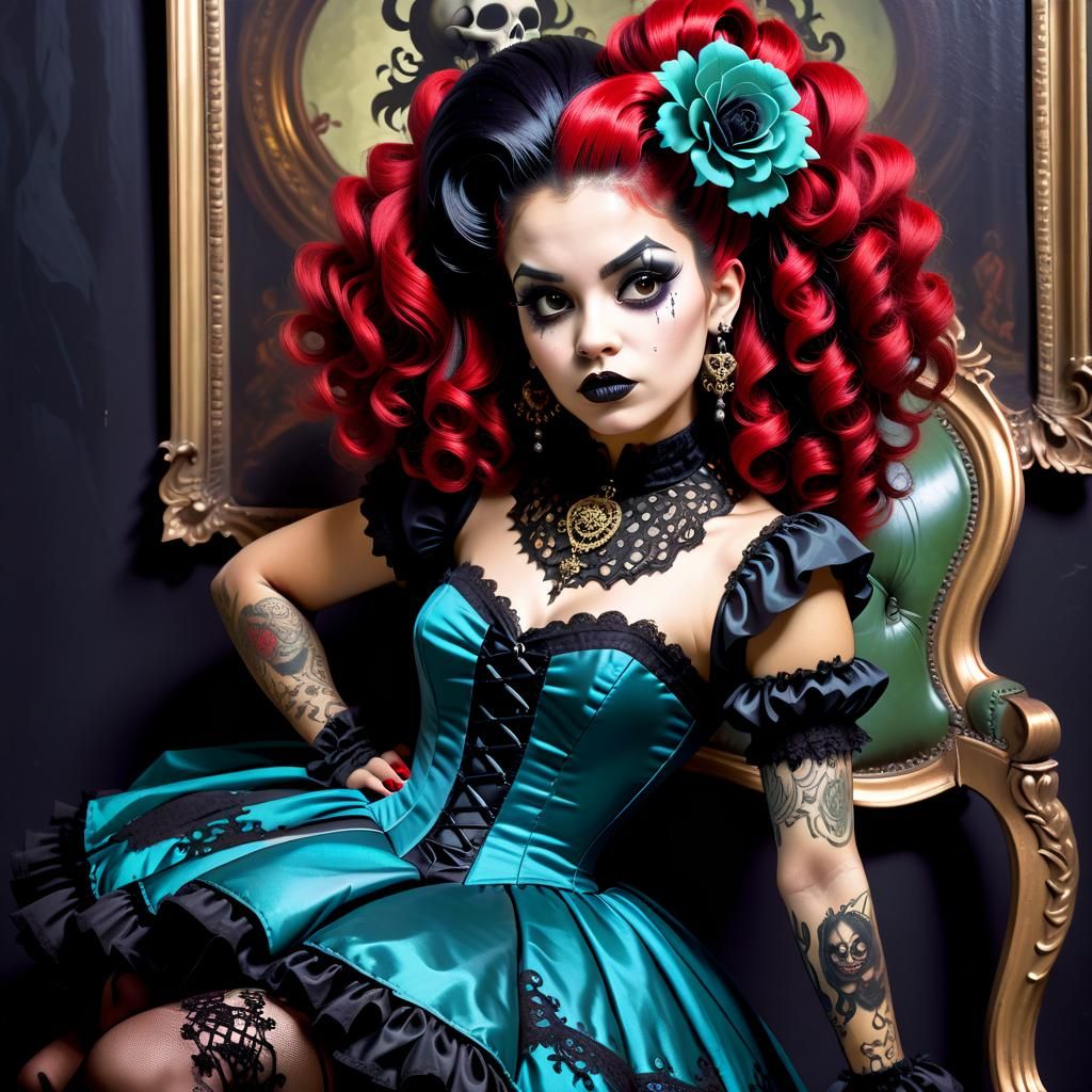 Gothic Horrorcore Latina Pin-up with Wild Hair
