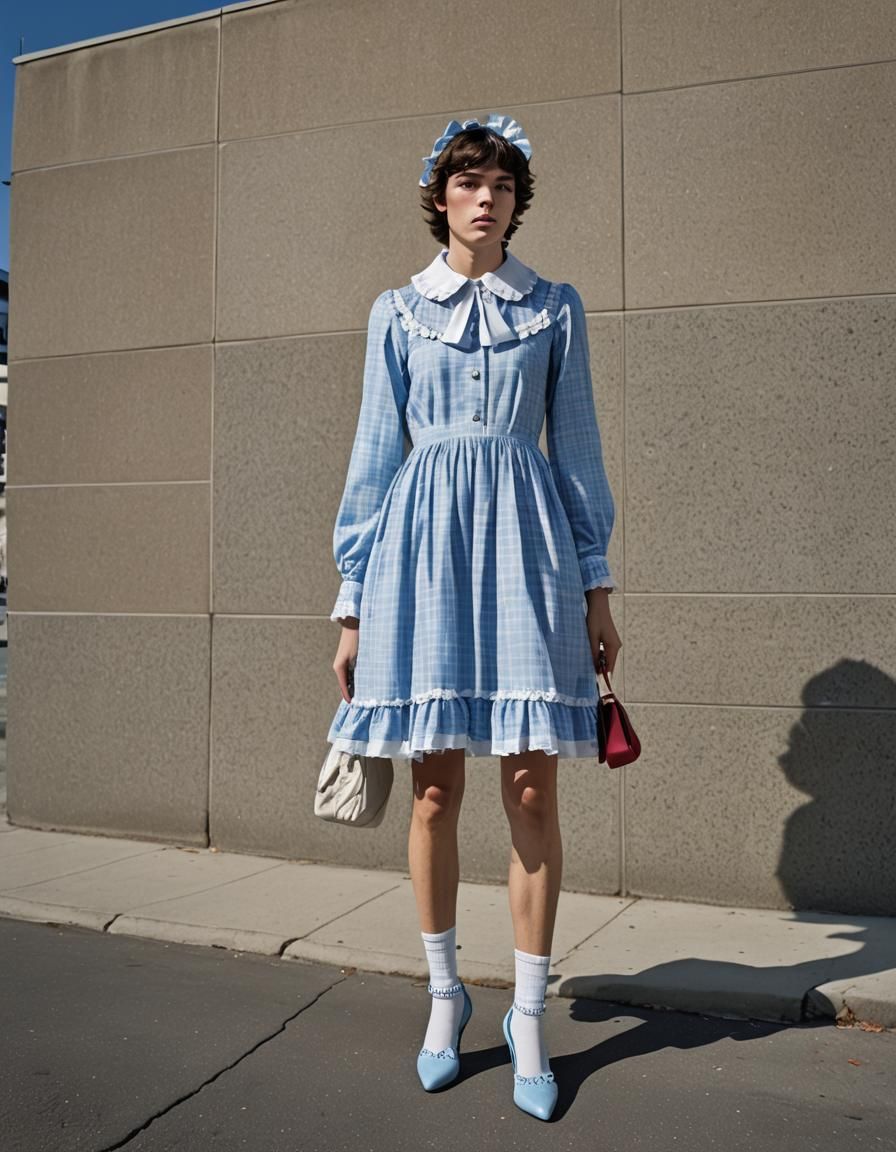 Boy in Babydoll Dress at Bus Stop: Professional Portrait