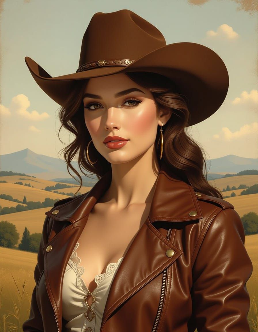 Renaissance Woman in Leather Jacket & Cowboy Hat