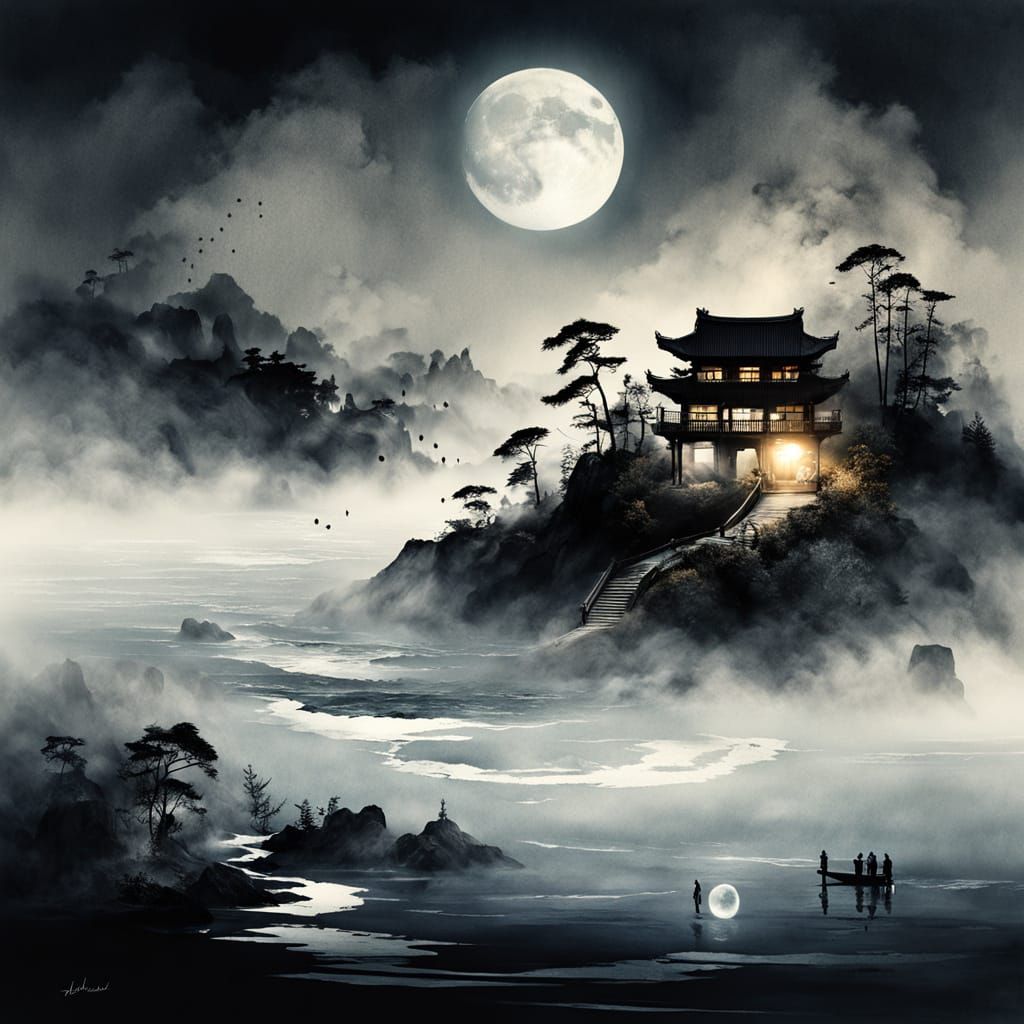 Surreal Yin Yang Sun Moon Beach Sunset in Foggy Moonlight