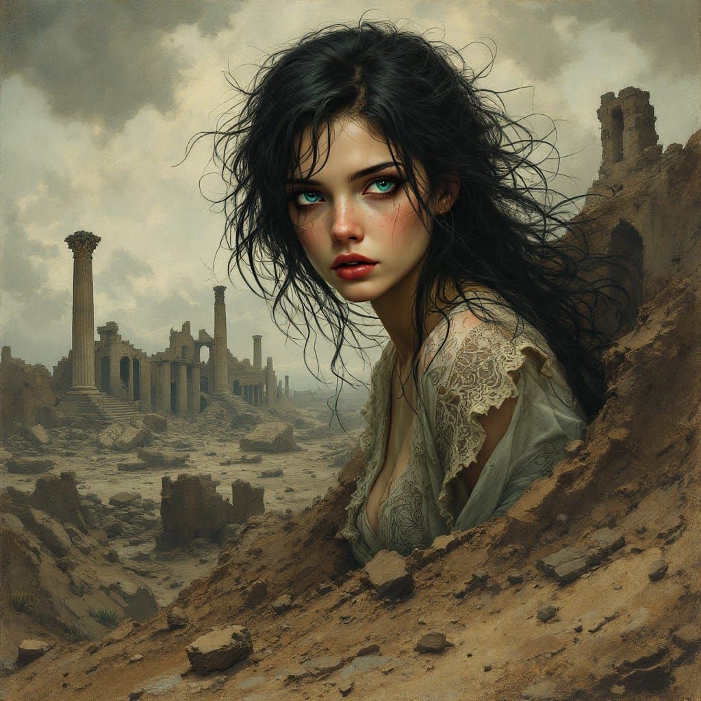 Melancholic Woman Emerges from Wasteland in Art Nouveau Styl...