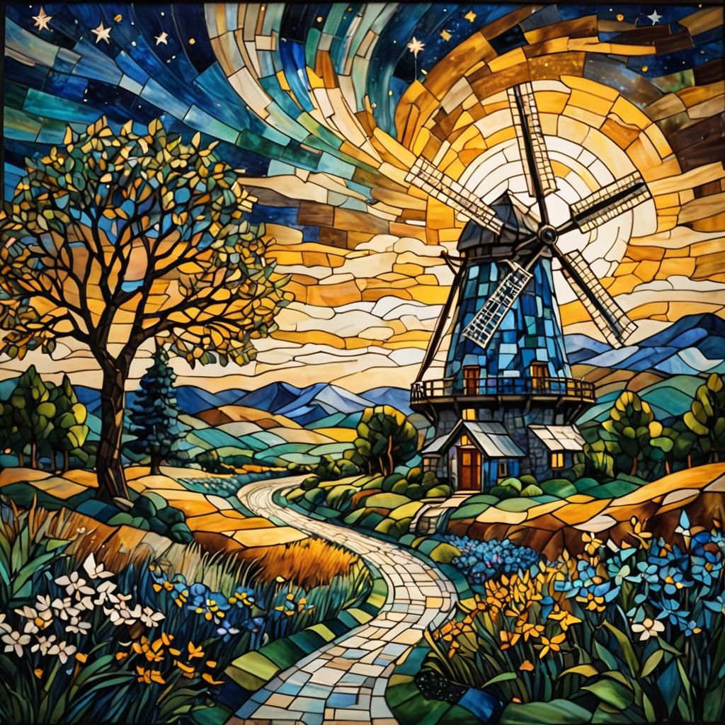 Stained Glass Windmill Under a Starry Sky
