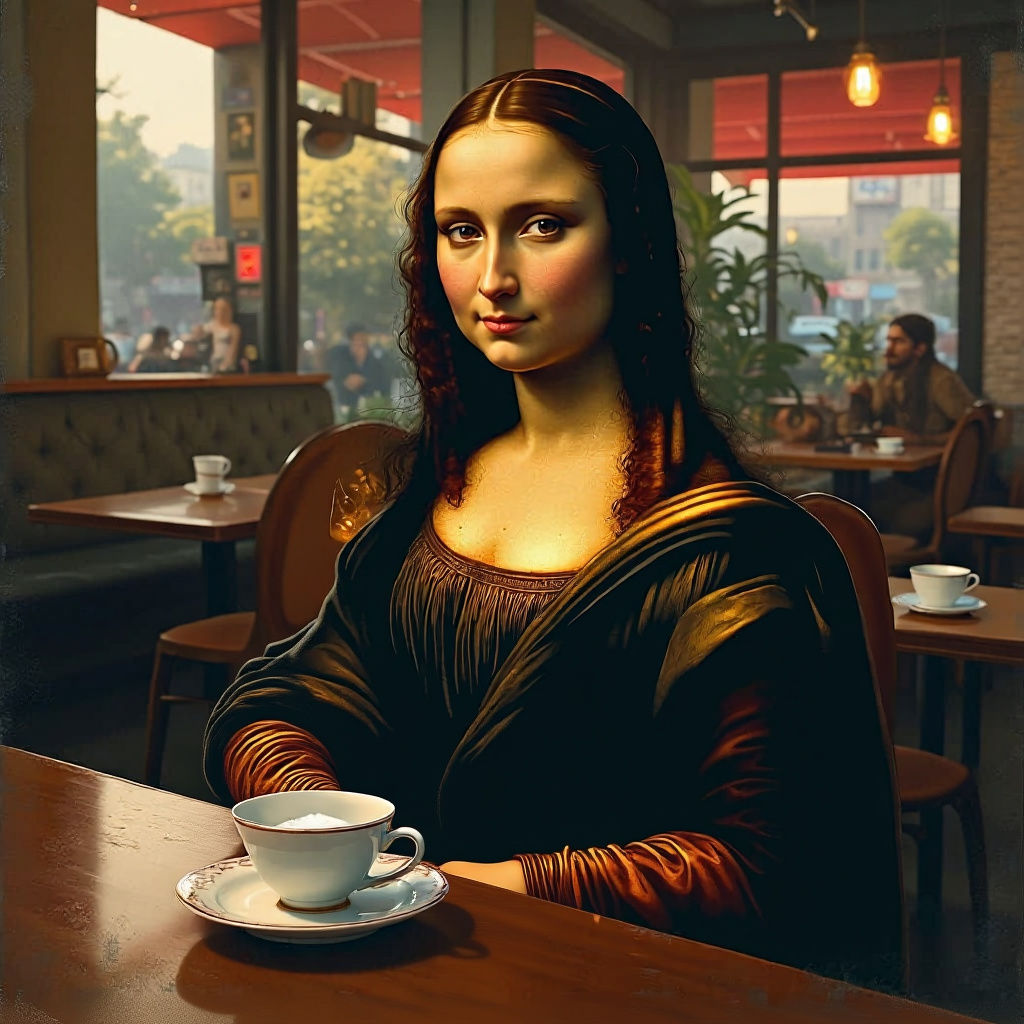 Mona Lisa in Modern Coffee Shop, Hyperrealistic Style