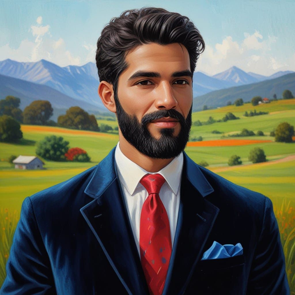 Smiling Man in Blue Velvet Suit as Impasto Painting
