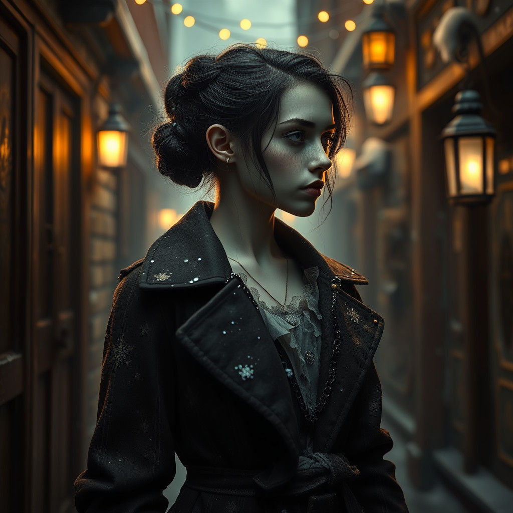 Haunting Christmas Portrait in Snowy Alleyway