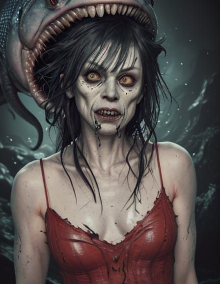 Eerie Female Horror Creature Emerge from Water in High-Contr...