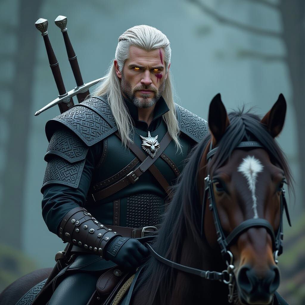 Geralt of Rivia on Roach in Dark Fantasy Style